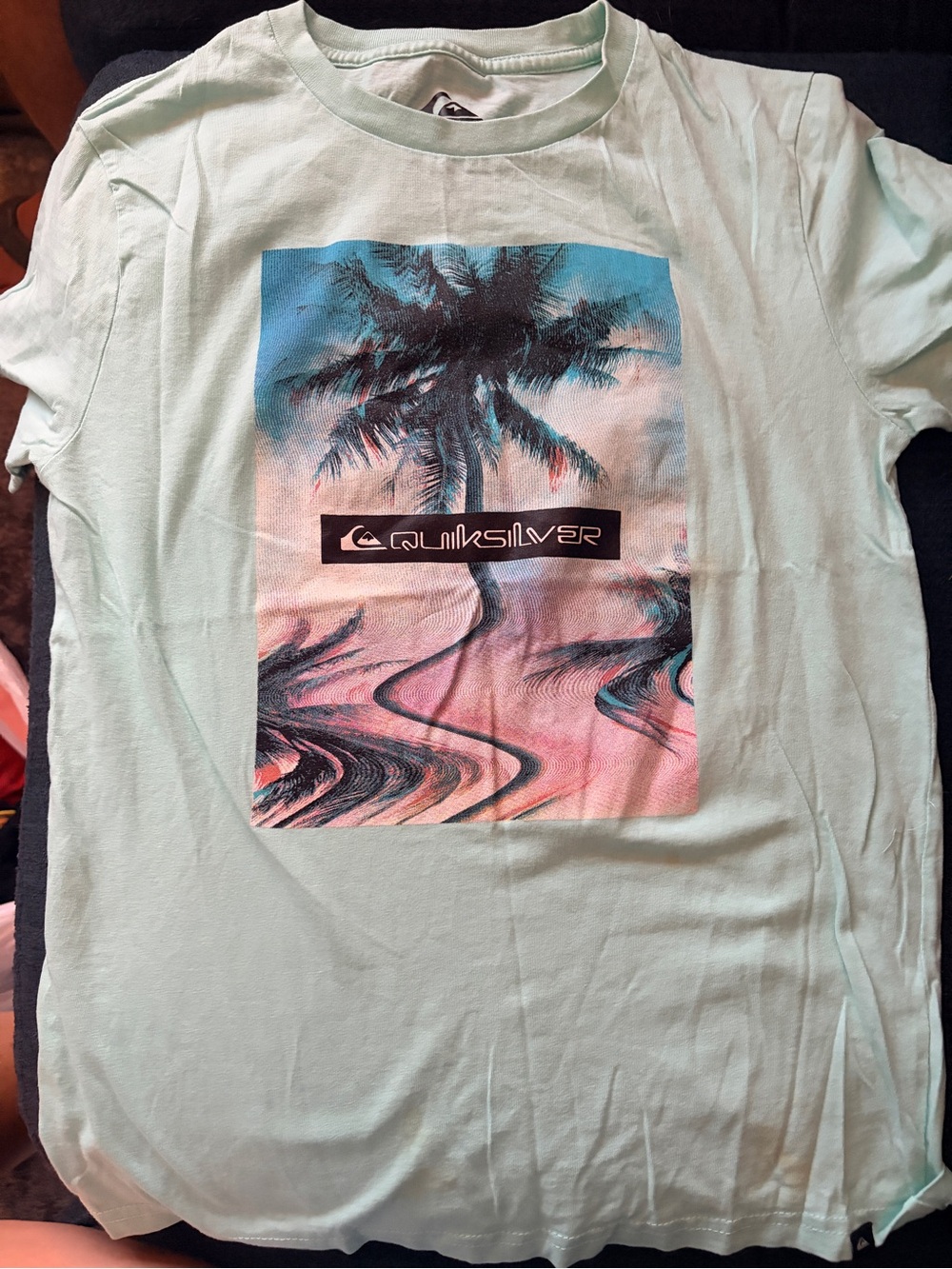 Youth Quiksilver Boys Light Mint Green Graphic Tee with Pink & Blue Print